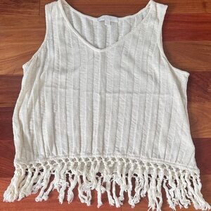 Cream Fringe Tank Top with textured strips